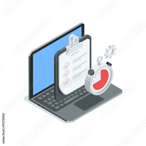 Slika na platnu isometric vector laptop with tablet and stopwatch, in color on white background,