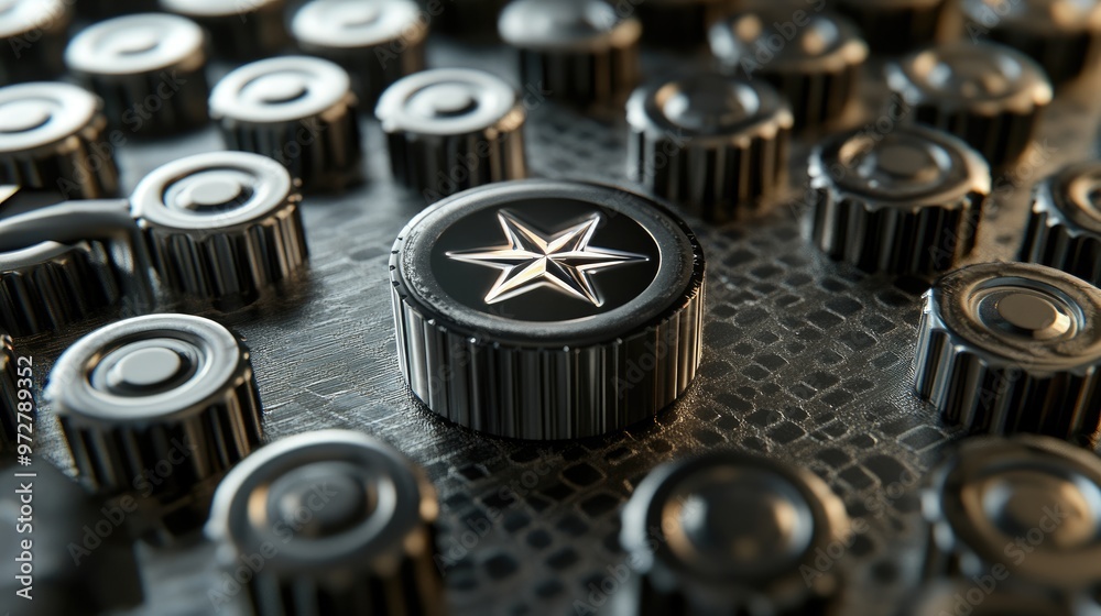 An array of batteries arranged in a star pattern on a metallic textured surface, with shadows for depth An array of batteries arranged in a star pattern on a metallic textured surface, with shadows for depth