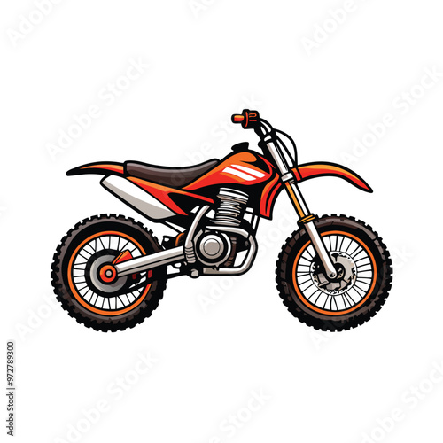 Illustration of an orange dirt bike with a reinforced frame, detailed wheels, and a black seat.