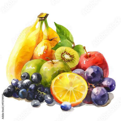Watercolor painting of a vibrant fruit still life with apples, pears, bananas, grapes, cherries

