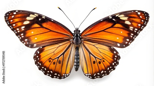 Orange butterfly with black wingtips and white spots against a stark white background, wings outstretched