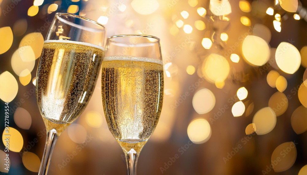 Glasses of champagne with golden bokeh on background. Alcoholic drink. Tasty festive beverage. Glasses of champagne with golden bokeh on background. Alcoholic drink. Tasty festive beverage.
