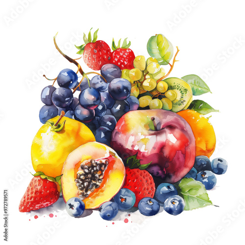 Watercolor painting of a vibrant fruit still life with apples, pears, bananas, grapes, cherries
