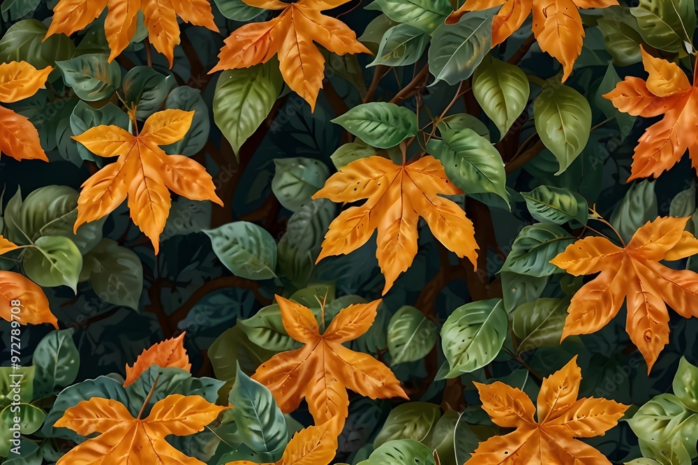Detailed view of a leafy tree with orange leaves. Suitable for nature and autumn-themed projects Detailed view of a leafy tree with orange leaves. Suitable for nature and autumn-themed projects