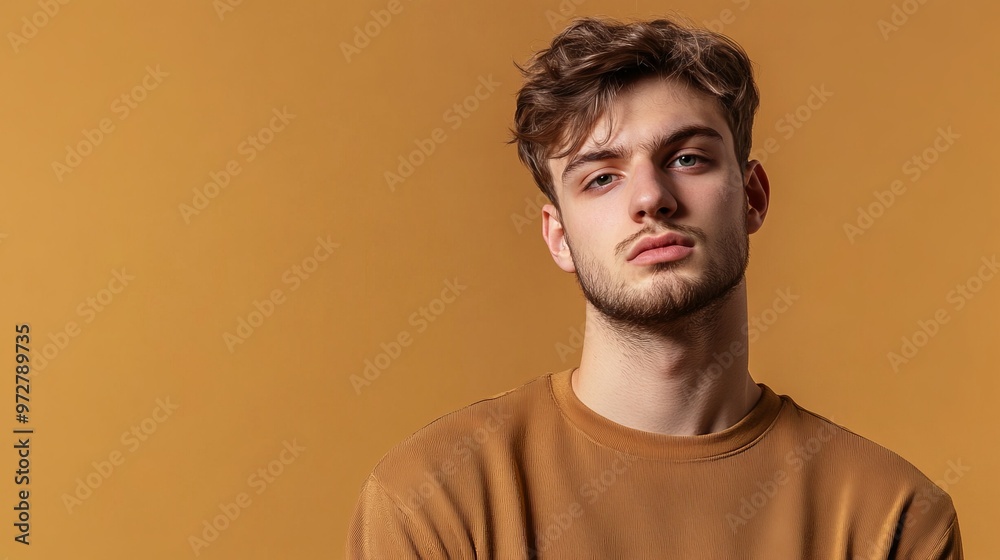 Photo portrait of pretty young male skeptical look empty space wear trendy brown outfit isolated on khaki color background Photo portrait of pretty young male skeptical look empty space wear trendy brown outfit isolated on khaki color background