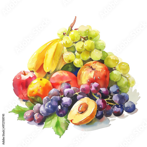 Watercolor painting of a vibrant fruit still life with apples, pears, bananas, grapes, cherries
