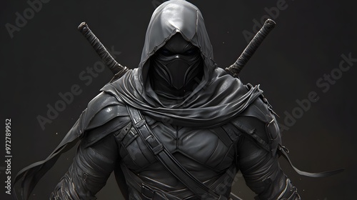 37. **Detailed 3D depiction of a masked assassin warrior with dual blades and stealth gear
