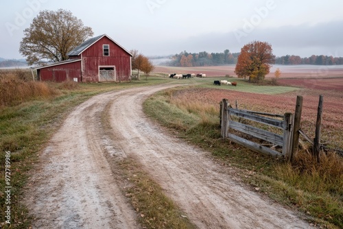 A rustic red barn located on a winding country road, surrounded by a picturesque farm landscape, with grazing cows and open fields, set against a tranquil rural backdrop.