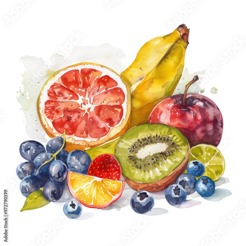 Watercolor painting of a vibrant fruit still life with apples, pears, bananas, grapes, cherries
