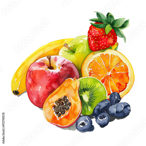 Watercolor painting of a vibrant fruit still life with apples, pears, bananas, grapes, cherries
