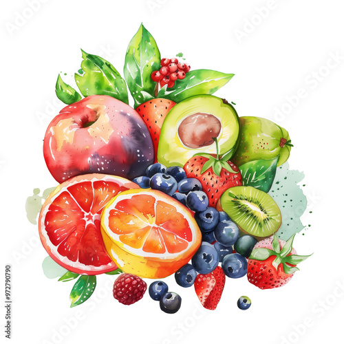 Watercolor painting of a vibrant fruit still life with apples, pears, bananas, grapes, cherries
