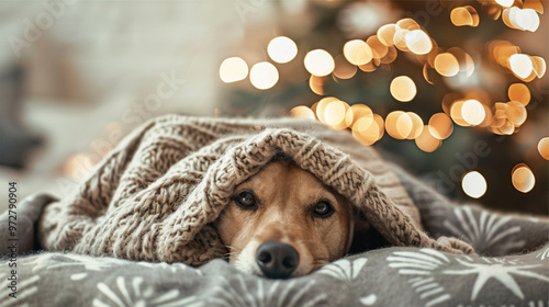 A frightened dog hiding under blankets, scared of fireworks