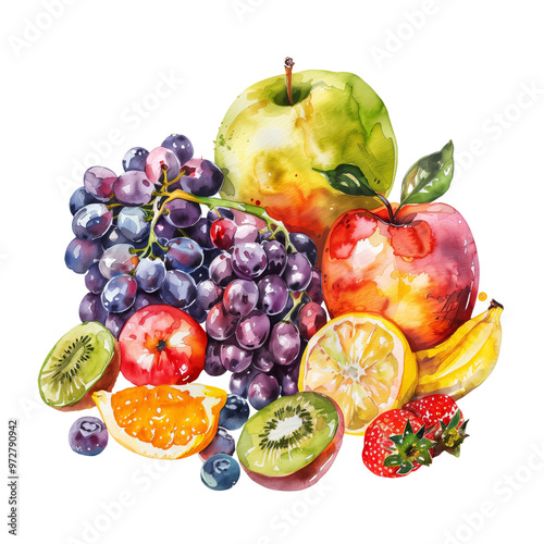 Watercolor painting of a vibrant fruit still life with apples, pears, bananas, grapes, cherries
