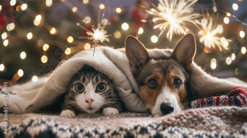 A frightened dog and cat hiding under blankets, scared of fireworks