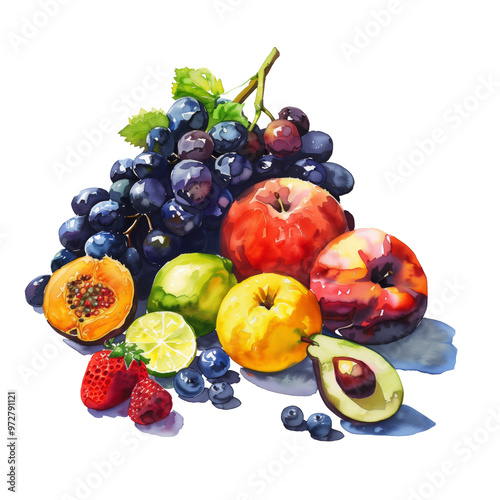 Watercolor painting of a vibrant fruit still life with apples, pears, bananas, grapes, cherries
