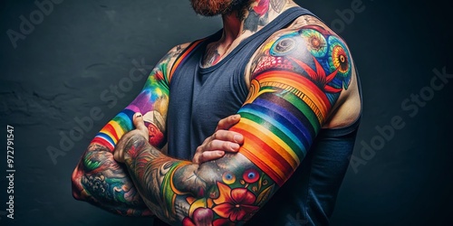 Vibrant rainbow-colored tattoo sleeve on a muscular arm, adorned with symbols and motifs, proudly displayed against a photo