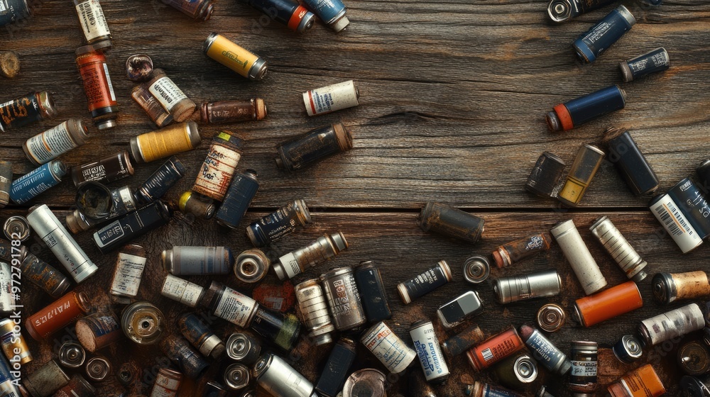 Batteries scattered randomly on a textured wood background, highlighting their variety and use Batteries scattered randomly on a textured wood background, highlighting their variety and use