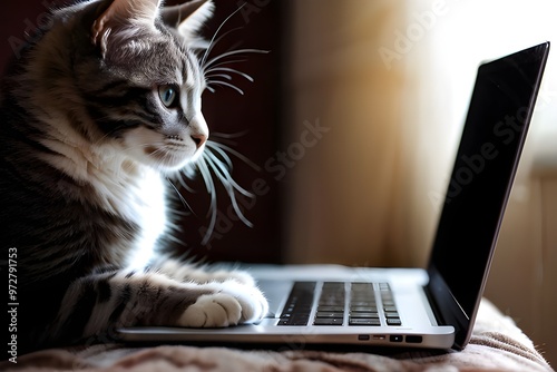 A cat lounging on a bed next to a laptop, creating a cozy and tech-savvy atmosphere.
