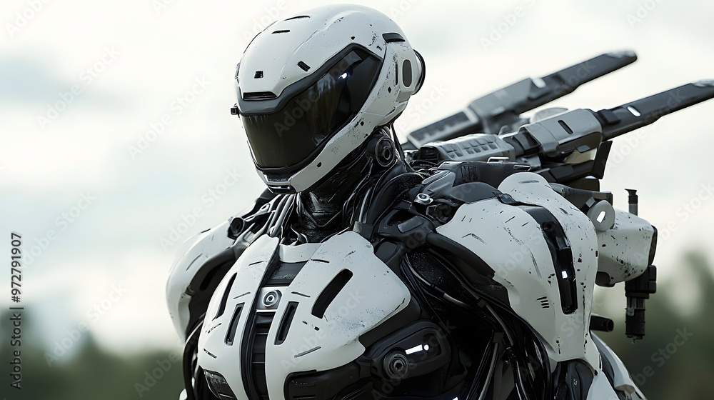 40. **Realistic 3D depiction of a futuristic drone warrior with high-tech weaponry and armor 40. **Realistic 3D depiction of a futuristic drone warrior with high-tech weaponry and armor