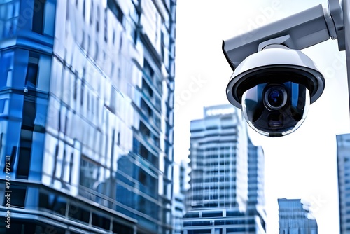  Security camera monitoring urban buildings, ensuring safety and surveillance in a city environment.
