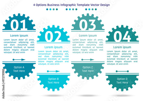 4 options business infographic template, theme of two half gears with large number and text frame, also with arrow
