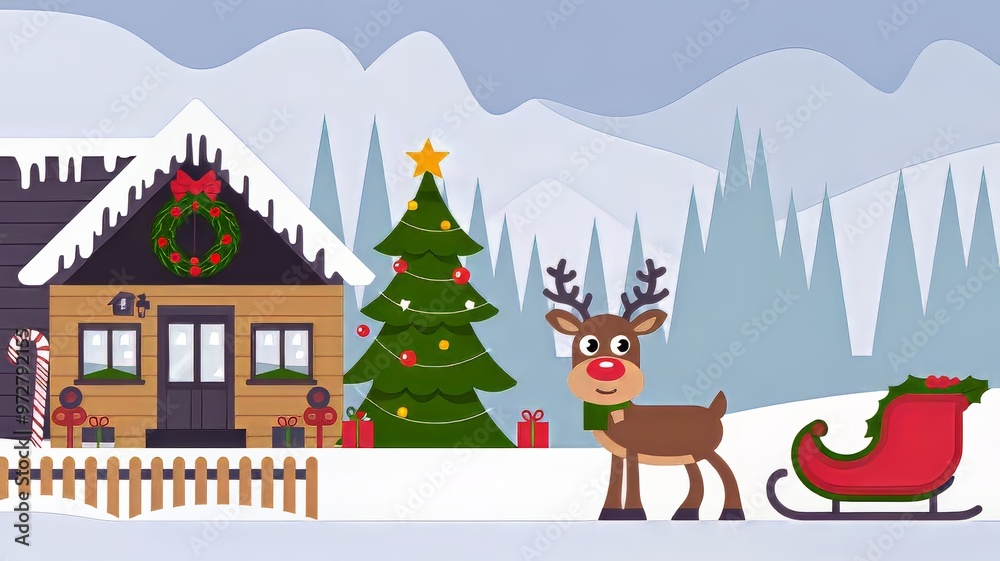 Naklejka premium Charming Christmas Design Illustration Capturing the Essence of a Snowy Landscape for Holiday Celebrations