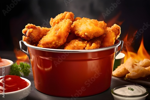 A bucket of crispy fried chicken placed in front of a warm, glowing fire, creating a cozy dining atmosphere.