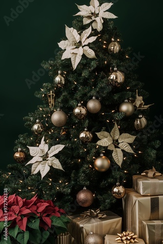 A Christmas tree decorated with metallic gold and silver ornaments, poinsettias flowersat, presents under the tree, dark green background photo