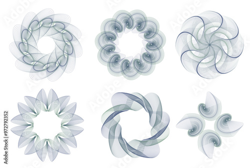 Spirograph vector pattern set. Abstract line watermarks collection. Vector Guilloche elements set for certificate, diploma, banknote, money design, invitation, badge