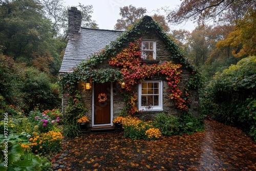 A picturesque stone cottage surrounded by vibrant autumn foliage, showcasing a charming and cozy scene, perfect for a peaceful retreat in nature. photo