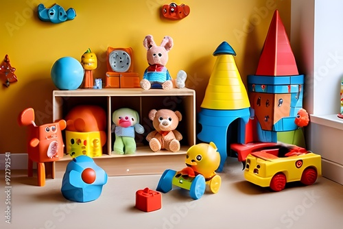 A vibrant toy room filled with colorful toys and a neatly organized shelf, perfect for children's playtime and creativity.