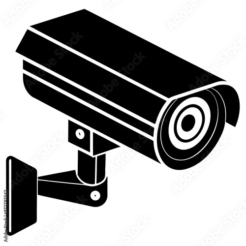 Black silhouette of a security camera isolated on white backdrop Simple graphic design of surveillance equipment. Concept of security, monitoring, safety. Print, logo, sign