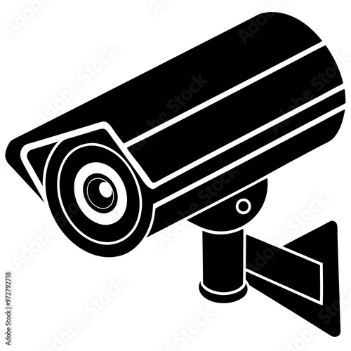 Black silhouette of a security camera isolated on white backdrop Simple graphic design of surveillance equipment. Concept of security, monitoring, safety. Print, logo, sign