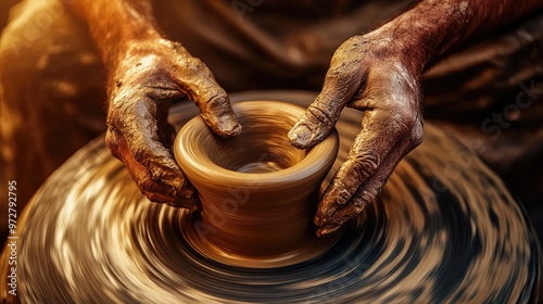 Close-up of a fingers shaping a small vase on a wheel, with spinning clay and a concentrated expression -