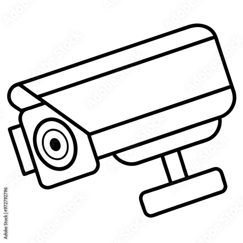 Black silhouette of a security camera isolated on white backdrop Simple graphic design of surveillance equipment. Concept of security, monitoring, safety. Print, logo, sign