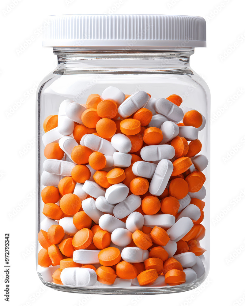 Colorful pharmaceutical pills in a clear glass jar, showcasing orange and white capsules, ideal for health and medication themes.
Colorful pharmaceutical pills in a clear glass jar, showcasing orange and white capsules, ideal for health and medication themes.