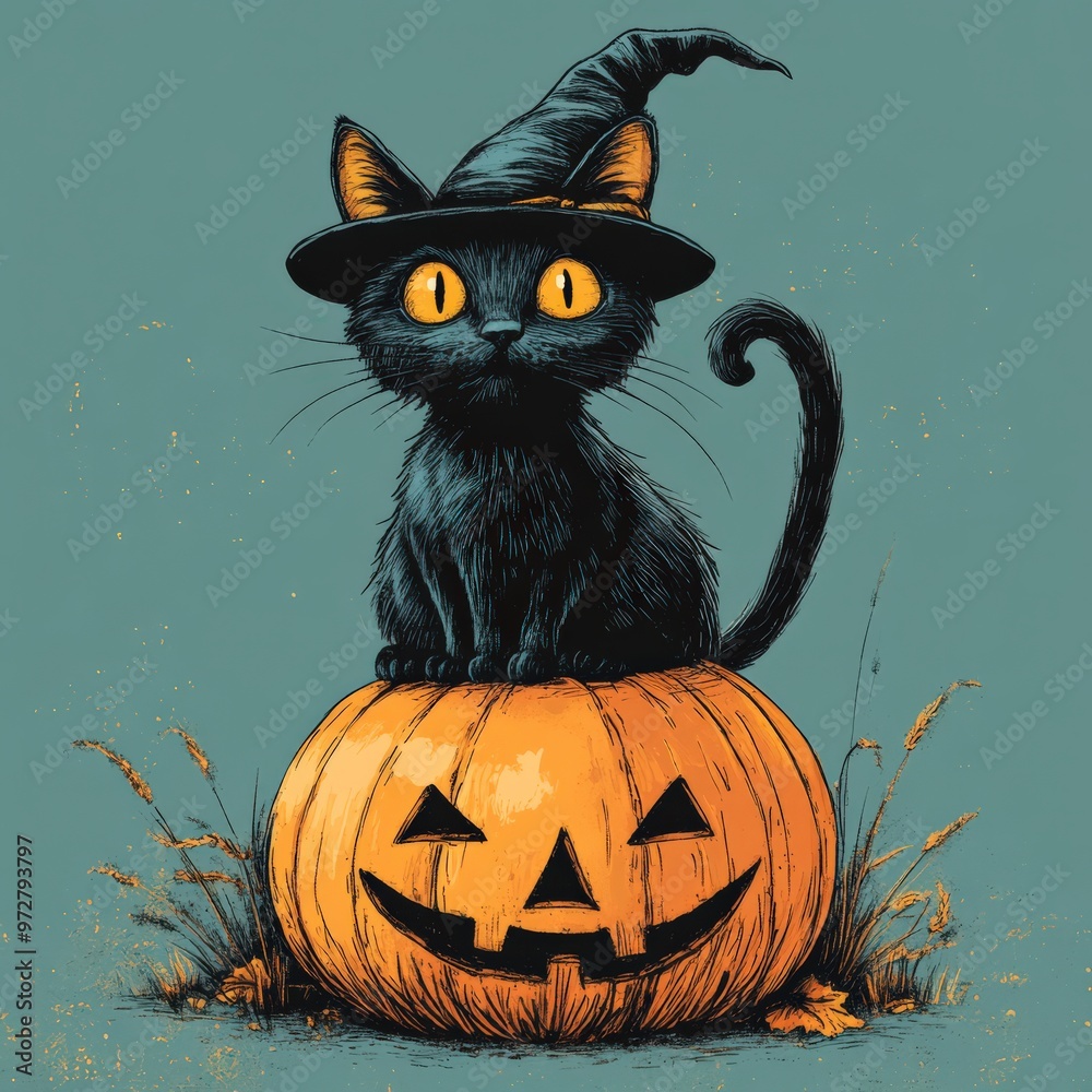 Halloween black cat with pumpkin and witch hat Halloween black cat with pumpkin and witch hat