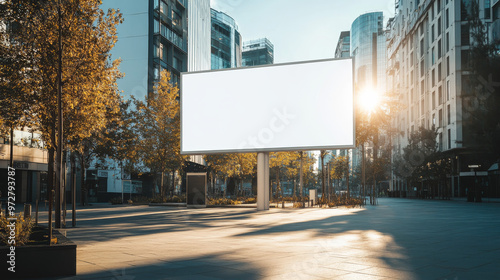 Sunlit blank billboard in a spacious city square, ideal for a high-impact mockup in an urban environment. This open-air mock up is perfect for advertisements that need visibility and space.