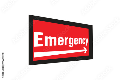 Illustration shows a red "Emergency" sign with an arrow pointing right. The vector highlights urgent situations, directing attention to emergency exits or assistance areas.