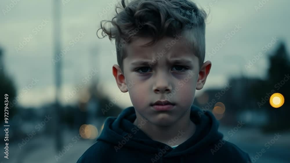 Child displaying a frown on a city street as dusk settles in Child displaying a frown on a city street as dusk settles in