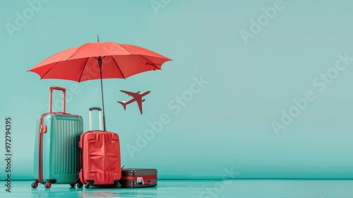 Travel insurance concept. Cover of flight delays, cancellation, suitcase damage or loss, accident and health medical expenses. Red umbrella cover of plane and suitcase on blue