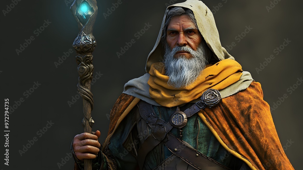 Obraz premium 28. **Detailed 3D depiction of a heroic mage warrior with enchanted robes and a magical staff