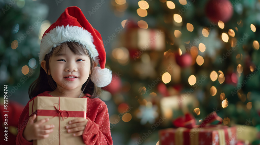 A cute and happy Southeast Asian girl dressing in red winter clothes, wearing a Santa hat and holding a gift box on a Christmas party background with copy space for text. Green color tone. A cute and happy Southeast Asian girl dressing in red winter clothes, wearing a Santa hat and holding a gift box on a Christmas party background with copy space for text. Green color tone.