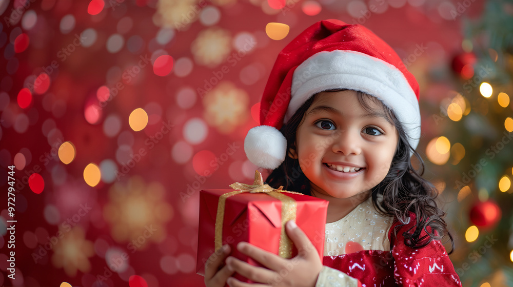 A cute and happy Indian girl dressing in red winter clothes, wearing a Santa hat and holding a gift box on a Christmas party background with copy space for text. Red color tone. A cute and happy Indian girl dressing in red winter clothes, wearing a Santa hat and holding a gift box on a Christmas party background with copy space for text. Red color tone.