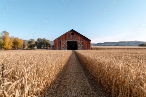 A rustic red barn stands in the middle of a golden wheat field, with a clear blue sky in the background, capturing the essence of pastoral rural life.