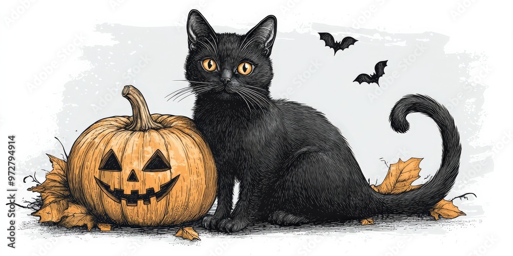 Obraz premium Halloween black cat with pumpkin and witch hat
