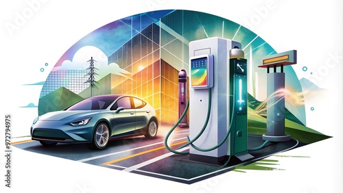 Experience the allure of contemporary art with this captivating electric car EV charge station vector concept. The electric vehicle charger energy background with neon battery is bound to leave a last