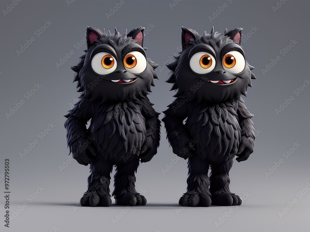 Fototapeta premium 3d illustration of black and white owls,3d illustration cat cartoon with a smile,cat with a smile,cartoon zombie