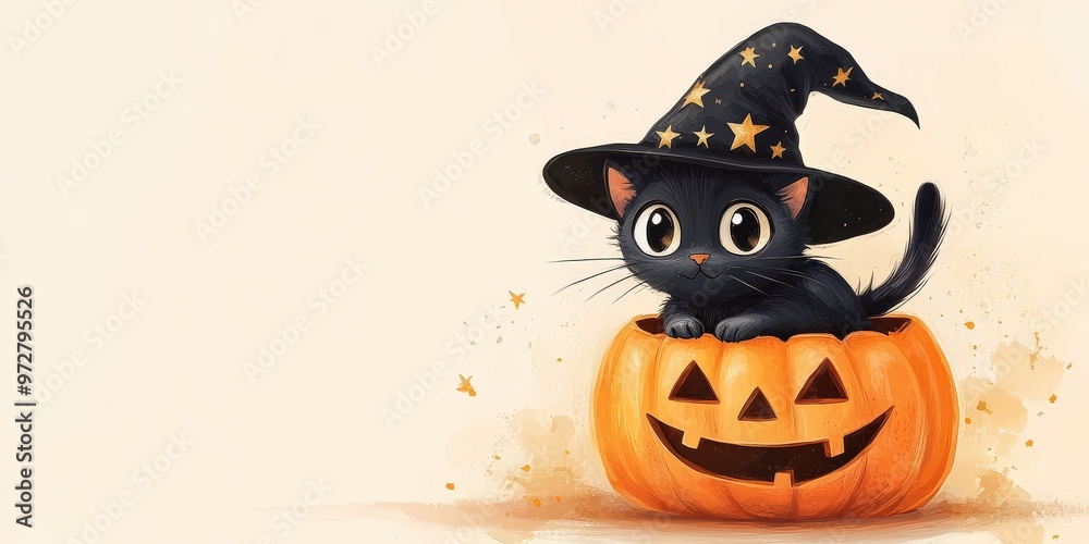 Halloween black cat with pumpkin and witch hat Halloween black cat with pumpkin and witch hat