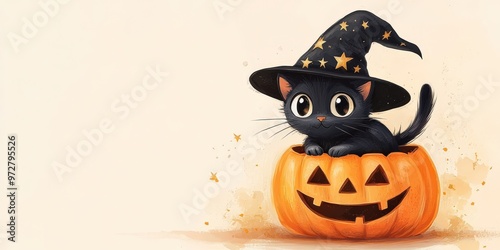 Halloween black cat with pumpkin and witch hat